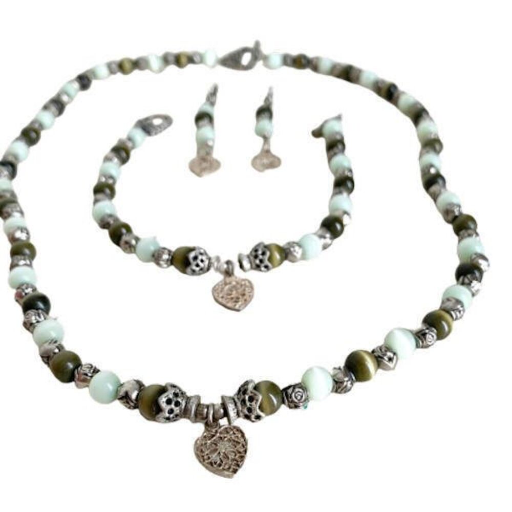 Jade and Mint Green Tiger Eye Real Stone Jewelry SET Earrings Necklace Bracelet